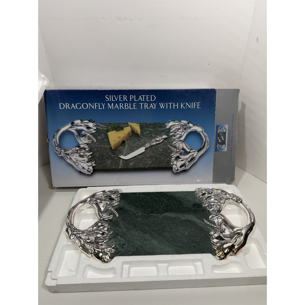 Godinger Silver Plated Dragonfly Green Marble Tray NO KNIFE‎ Cheese Tray